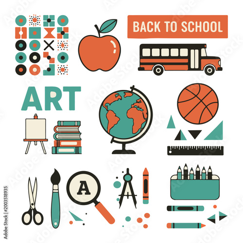Back to School Hand Drawn Doodle Set with Art Tools, School Bus, Globe and Creative Elements