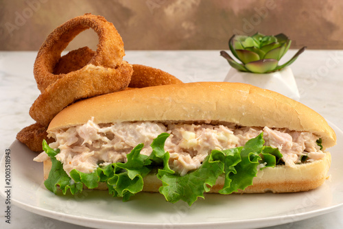 chicken salad sub   served with onion rings