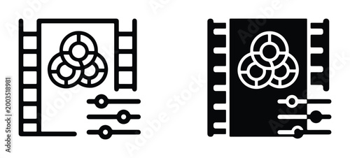 Video color grading icons, professional film editing and post-production symbols, cinema color correction tools, black vector set for movie industry software