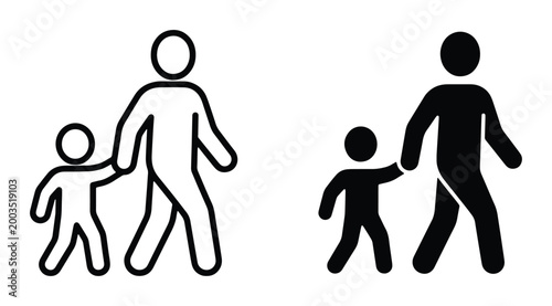 Minimalist family icon set with parent and child walking, black silhouette and outline vector symbols, people holding hands sign for signage