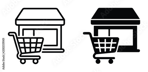 Minimalist storefront icons with shopping cart, retail shop building vector set, black outline and solid silhouette store symbols for e-commerce apps