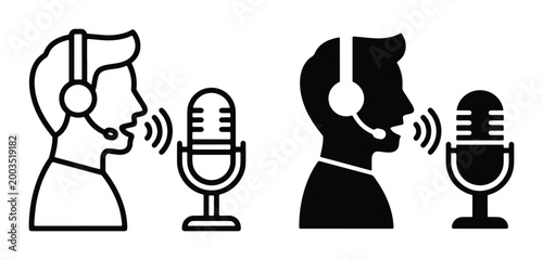 Tableau sur toile Podcast host icon set, radio announcer with microphone and headset vector, broad