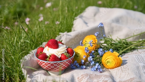Fresh Strawberries with Whipped Cream in Bowl on Picnic Blanket, Summer Garden Scene, Rustic Outdoor Dessert, Copy Space