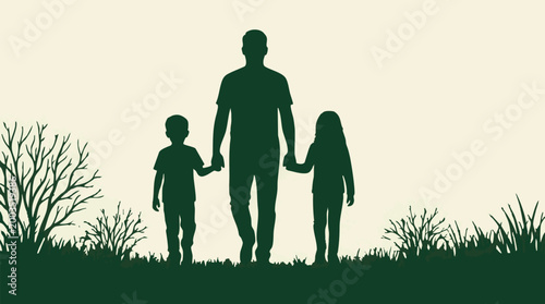 Father and two children walking hand in hand in nature, silhouette graphic