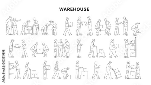 Minimal CAD delivery service drawings set with scooter courier, package handover and walking poses, side view symbols in clean architectural line style for logistics plans and layouts
