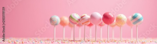 Many different colored lollipops on sticks on a pink surface food background banner copy space