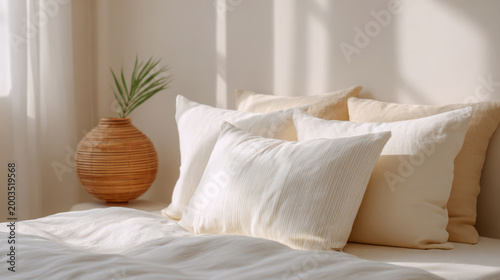 Soft white pillows arranged on a cozy bed with a textured blanket, accompanied by a decorative vase and a small green plant in a bright, sunlit room