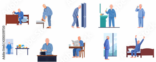 Senior Man Morning Routine Illustration Set, Elderly Character in Blue Striped Pajamas Waking Up, Brushing Teeth, Eating Breakfast, and Reading Newspaper, Lifestyle Vector Graphics