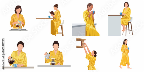 Collection of diverse women in yellow silk robes enjoying morning coffee routine and reading at home