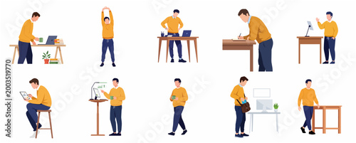 Businessman working at a standing desk character set for ergonomic home office and remote work concepts
