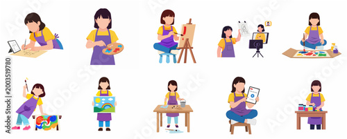 Set of creative girl artist character illustrations featuring painting, drawing, art classes, and digital tutorials for children's education and hobbies.
