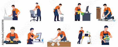 Professional office cleaner illustration set. Janitor performing various workspace maintenance tasks like cleaning computers, organizing desks, and emptying trash. Flat vector characters.