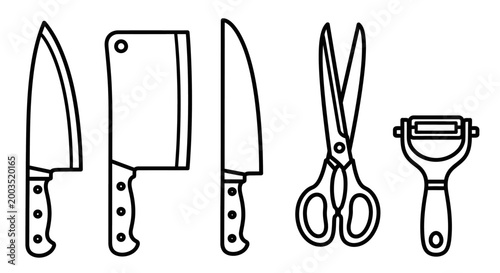 Outline drawings of kitchen knives scissors and peeler tools on white