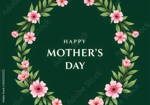 Happy mothers day floral wreath card on dark green background.