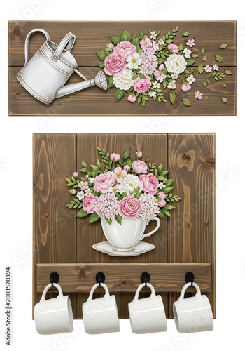 Decorative floral art with watering can and mug holder with floral design.
