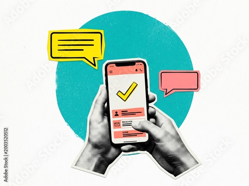 Composite photo collage of hands hold phone gadget screen notification bubble confirm checkbox sms icon isolated on painted background