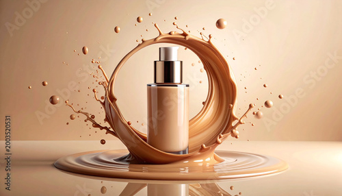 An image showing a bottle of foundation surrounded by splashes of product.