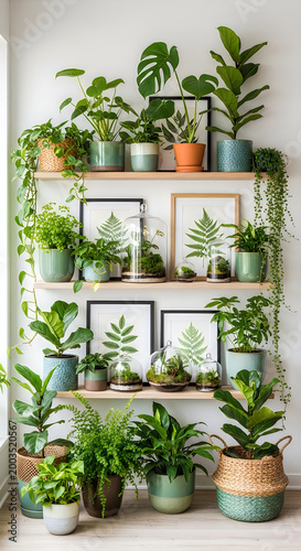 Various potted green plants and ferns on a wooden shelf, indoor jungle decor.