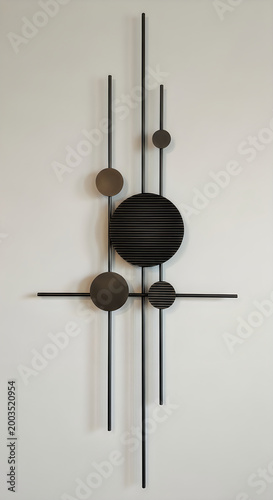 Modern abstract metal wall sculpture with geometric circles and lines.