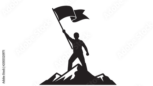 Man Standing On Mountain Peak Holding Flag For Success And Achievement Concepts Isolated On White