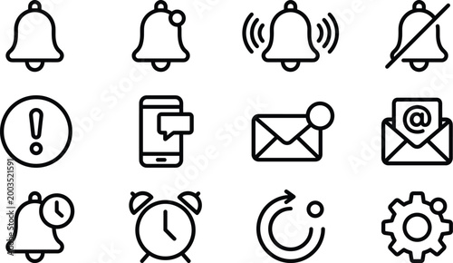 Notification icon set featuring bell alerts, message reminders, alarm clocks, email symbols, and setting updates for digital interface mobile app design.