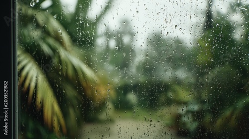 Raindrops on Window with Green Foliage Background
