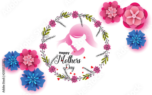 Happy Mothers Day illustration with floral wreath and silhouette of mother and child .
