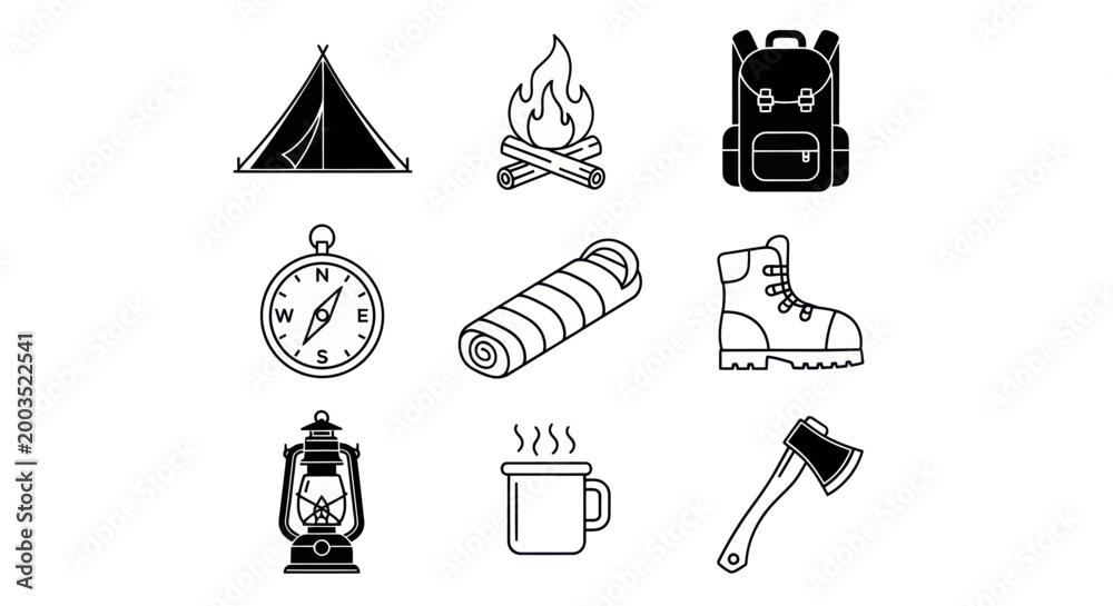 Fototapeta premium Camping equipment icons on white background