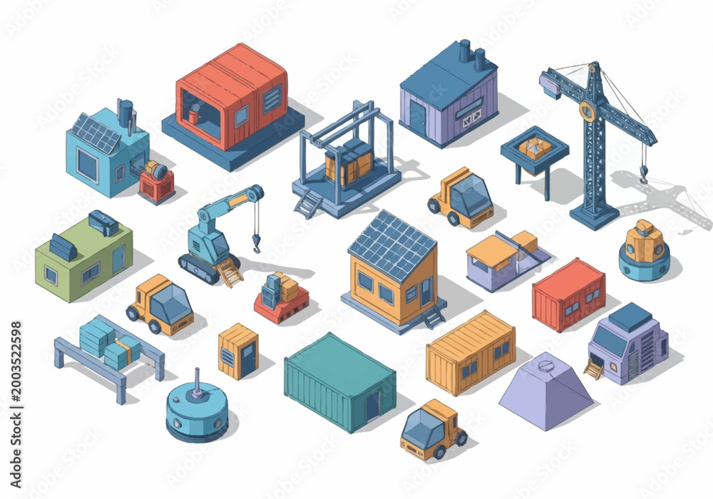 Fototapeta premium Isometric collection of various construction elements, buildings, and machinery in a flat design style.