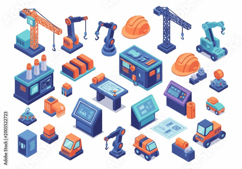 Fotografía Collection of isometric industrial elements including cranes, robots, factory buildings, and construction helmets