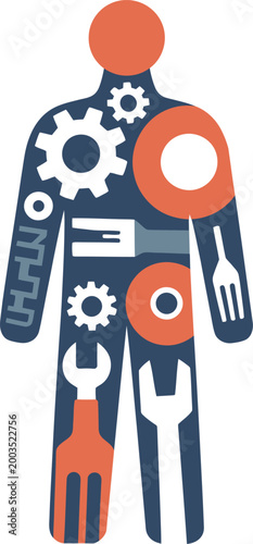 Human Silhouette Filled with Gears and Tools wrench