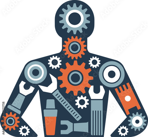 Human Body Silhouette Filled With Mechanical Gears and Tools