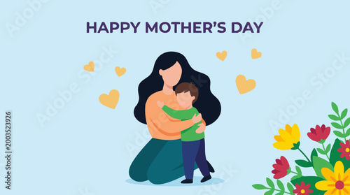 Happy Mother's Day illustration with mother and child hugging