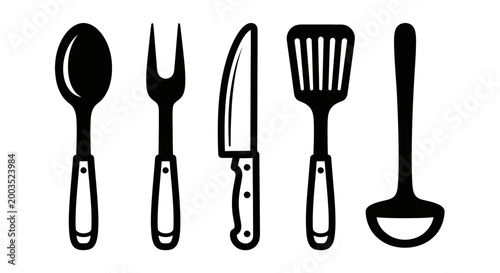 Black and white kitchen utensils isolated on white background
