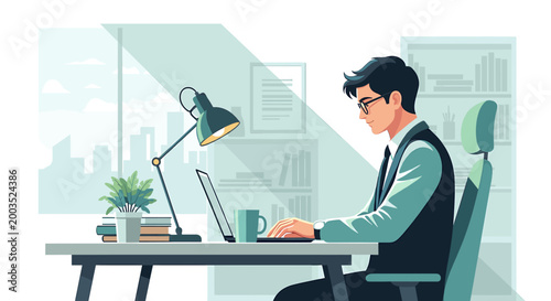 Man working diligently on a laptop at a modern office desk with a city view, bathed in natural light.