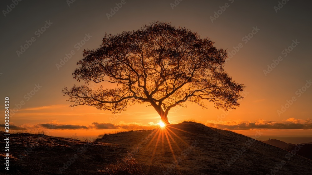 Naklejka premium Silhouette Tree at Sunset, Sunburst, Orange Sky, Nature Scene.