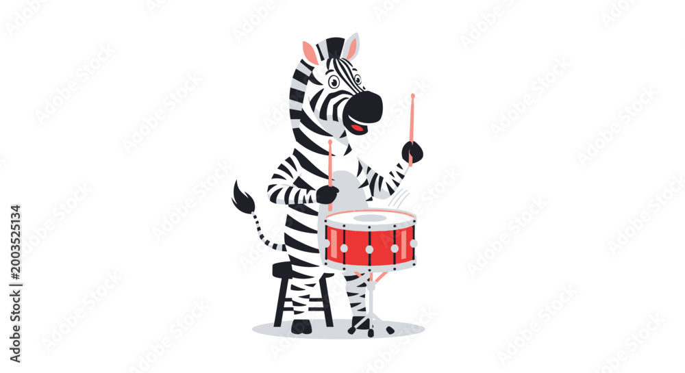 Fototapeta premium Cartoon zebra drummer playing drum set isolated on white background