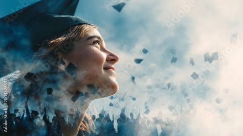  Double exposure of a happy graduate girl smiling and students throwing caps in the air against a blue sky.