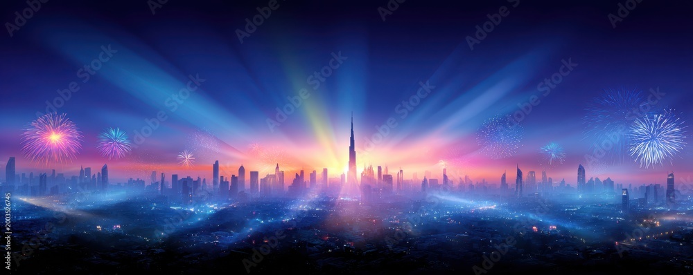 Fototapeta premium Panoramic view of a city skyline at night with colorful fireworks illuminating the sky and vibrant light rays emerging from the horizon