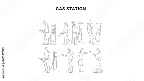 Minimal CAD gas station drawings set with people refueling vehicles, fuel pump interaction and service poses, clean side view symbols in architectural line style for plans and layouts