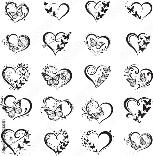 Butterfly Heart SVG Vector Bundle Black Floral Love Design Clipart Set