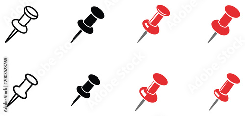 Pin Pointers: A set of pins, each poised to mark a point of interest. Stationery tool, office supply, attachment marker, different perspectives, simple pins.