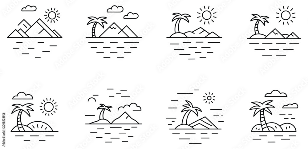 Fototapeta premium Line Art Coastal Paradise: A set of stylized illustrations depicting tropical islands, palm trees, and ocean views. Coastal scene, island design, travel concept, summer vacation, landscape outline. 