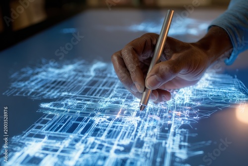 Futuristic Technology: Hand with Stylus Interacting with a Glowing Blue Digital Schematic