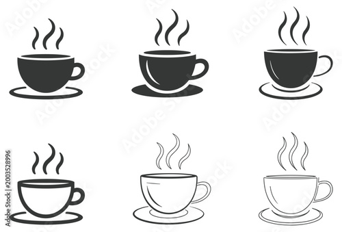 Coffee Cup Silhouette Set: Six variations of a steaming cup. Cafe symbol, breakfast design, aroma, morning refreshment, beverage icon.