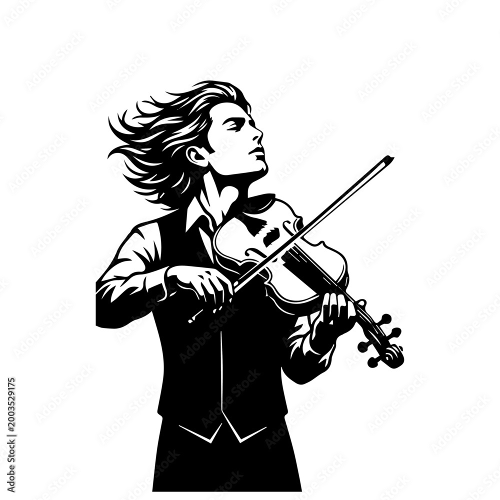 Fototapeta premium Black and white vector illustration of a passionate male violinist with flowing hair playing the violin.