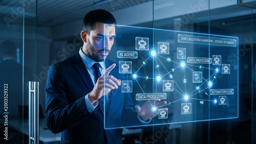 A man interacting with a futuristic, transparent display, representing technological innovation and data analysis