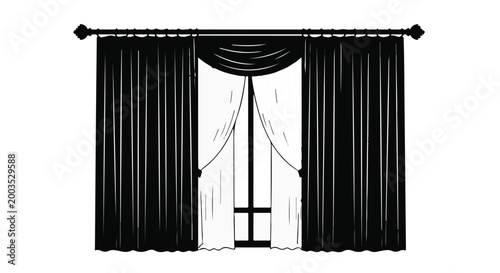Curtain window treatment with black drapes and white sheer panel interior design element for home decor or architectural illustration