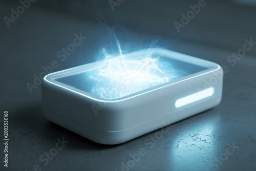 Futuristic white rectangular device emitting glowing blue energy and light on a dark textured surface