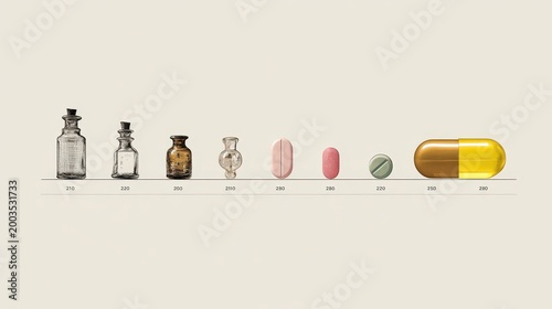 The Evolution of Medicine: A Visual Timeline from Antique Apothecary Bottles to Modern Pills and Capsules.
